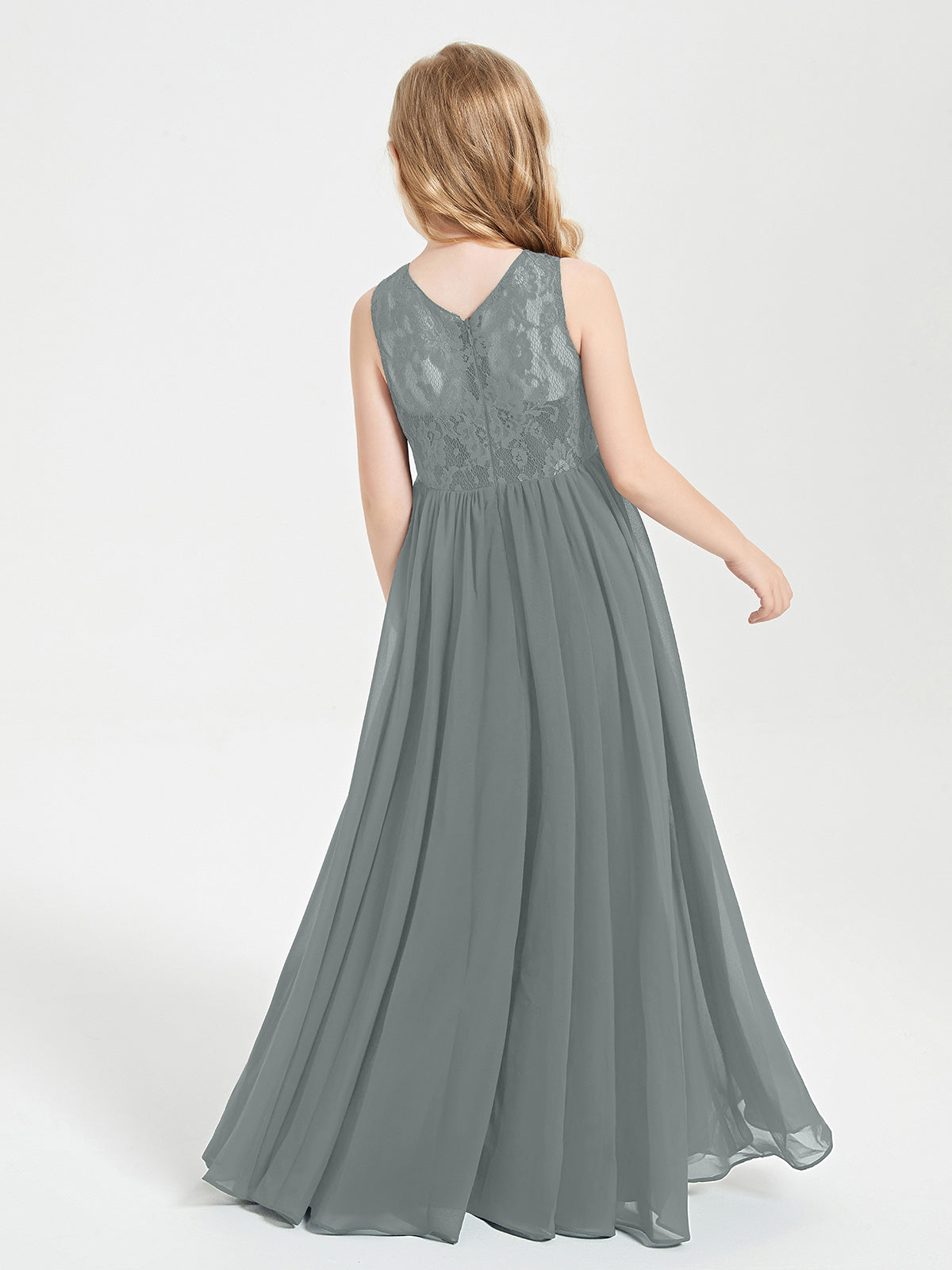Long Junior Bridesmaid Dresses Lace Top Steel Grey